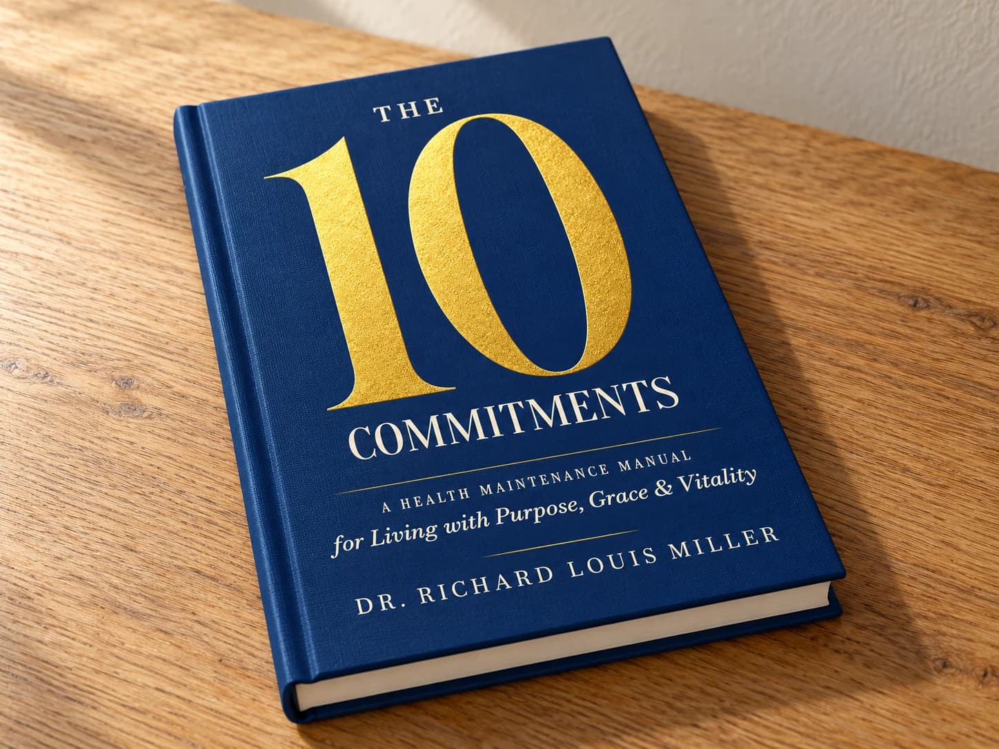 Hardcover mockup of The 10 Commitments on a table